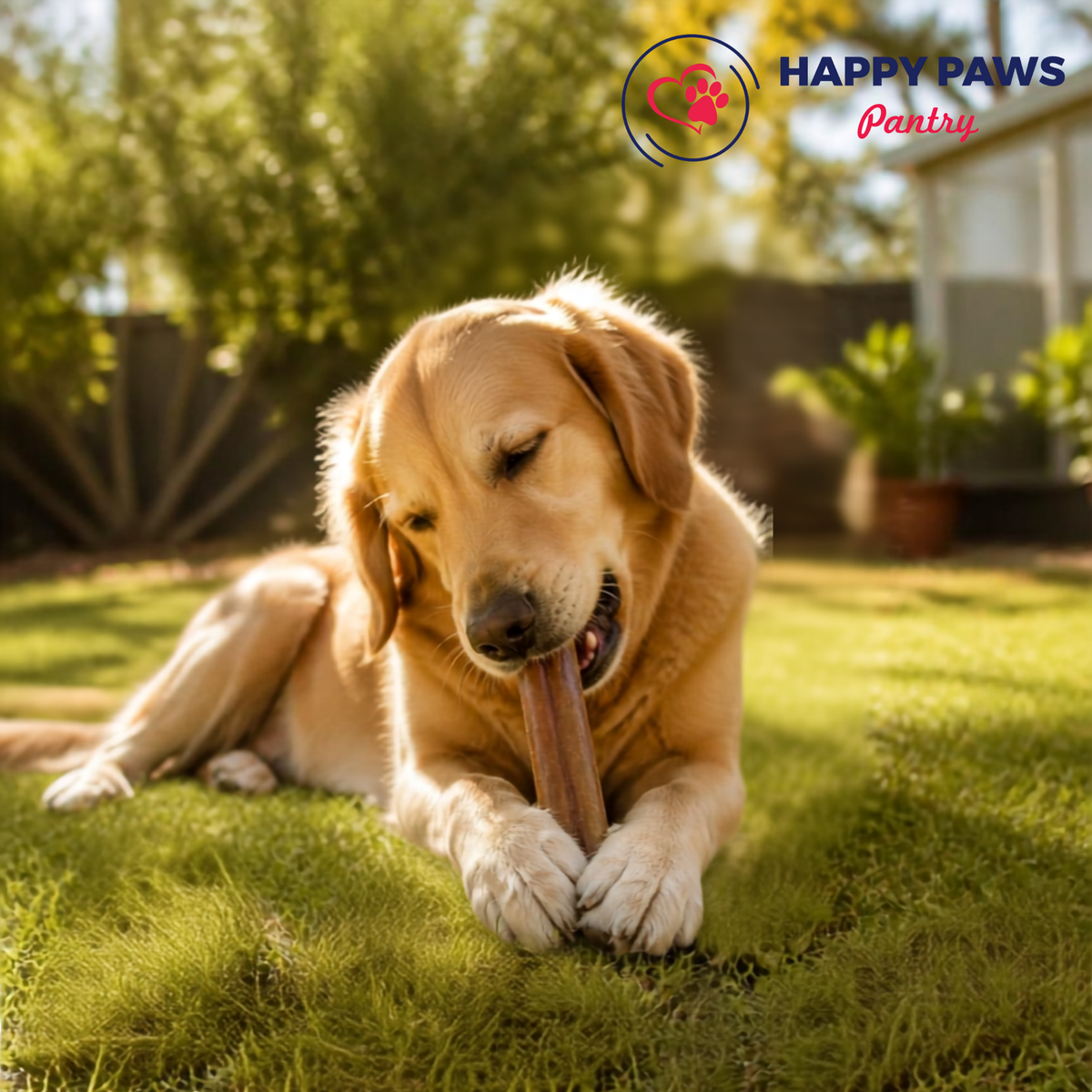 A golden retriever lies on green grass outdoors, chewing a treat. The Happy Paws Pantry logo appears in the top left corner.
