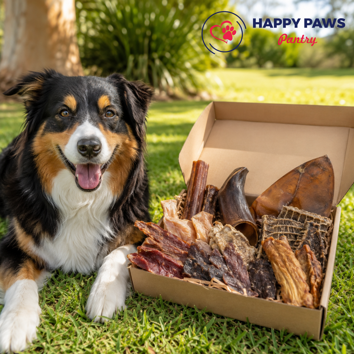 Happy Paws Pantry curated treat boxes filled with a hand-picked mix of natural dog treats and chews