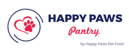 Logo for Happy Paws Pantry by Happy Paws Pet Food, featuring a red heart and paw print inside a navy blue circle on the left, with the text 'HAPPY PAWS Pantry' and smaller 'by Happy Paws Pet Food' on a white background.